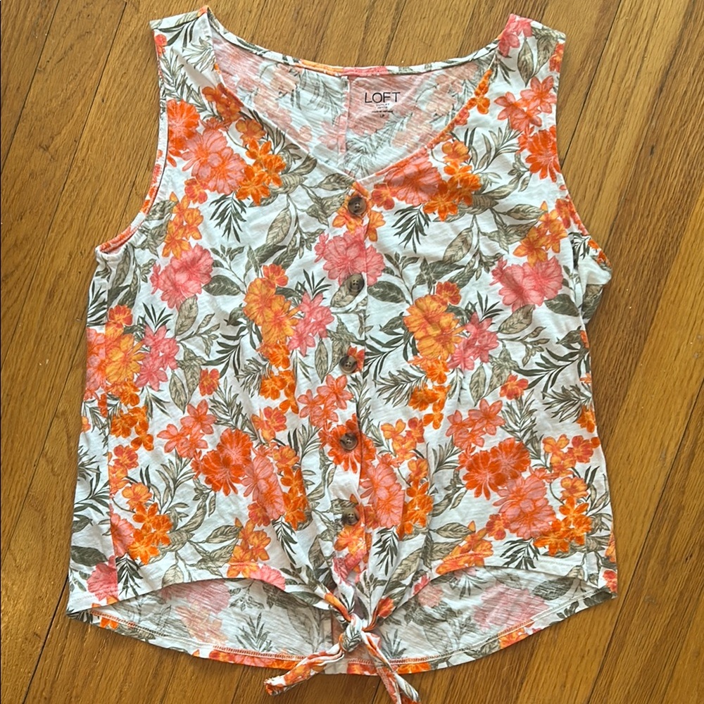 LOFT Orange Floral Tie Front Tank Top